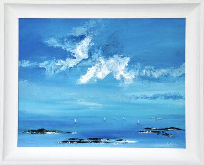 An original seascape painting with cyan, ultramarine and cerulean blues, highlighted with white clouds. Gives a sense of distance and calm.